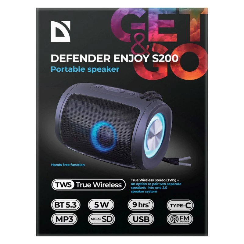 DEFENDER Enjoy S200 65200 tragbarer Bluetooth-Lautsprecher, TWS, 5 W, LED-Licht, FM, microSD, 10 Std. Akkulaufzeit, schwarz