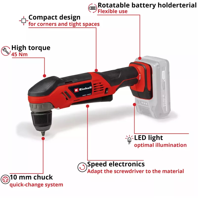 Einhell TE-AD 18 Li Solo Akku-Winkelbohrschrauber, Power X-Change, 18 V, 45 Nm, ohne Akku und Ladegerät, rot/schwarz