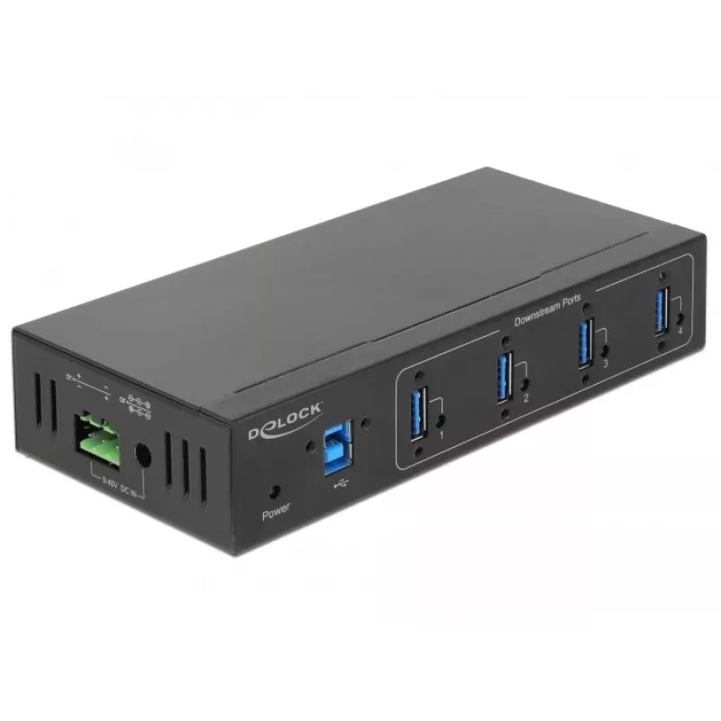 Delock 63309 externer Industrie-USB-Hub, 4 x USB 3.0 Typ-A, 15 kV ESD-Schutz, Metallgehäuse, wandmontierbar