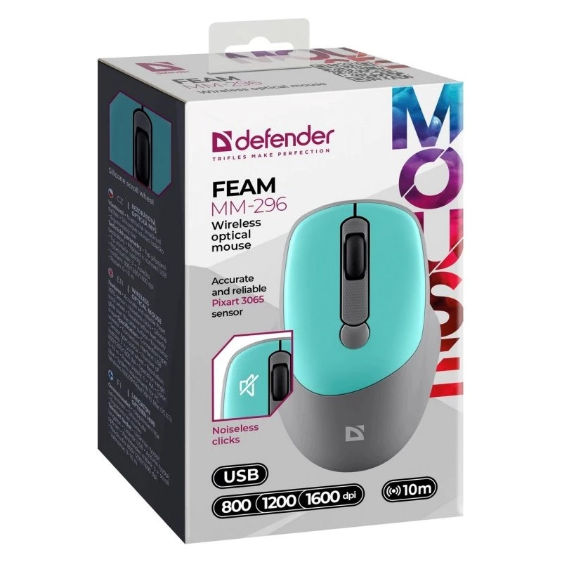 Defender Feam MM-296 52294 kabellose Maus, leiser Klick, optisch, 1600 DPI, USB, Mint