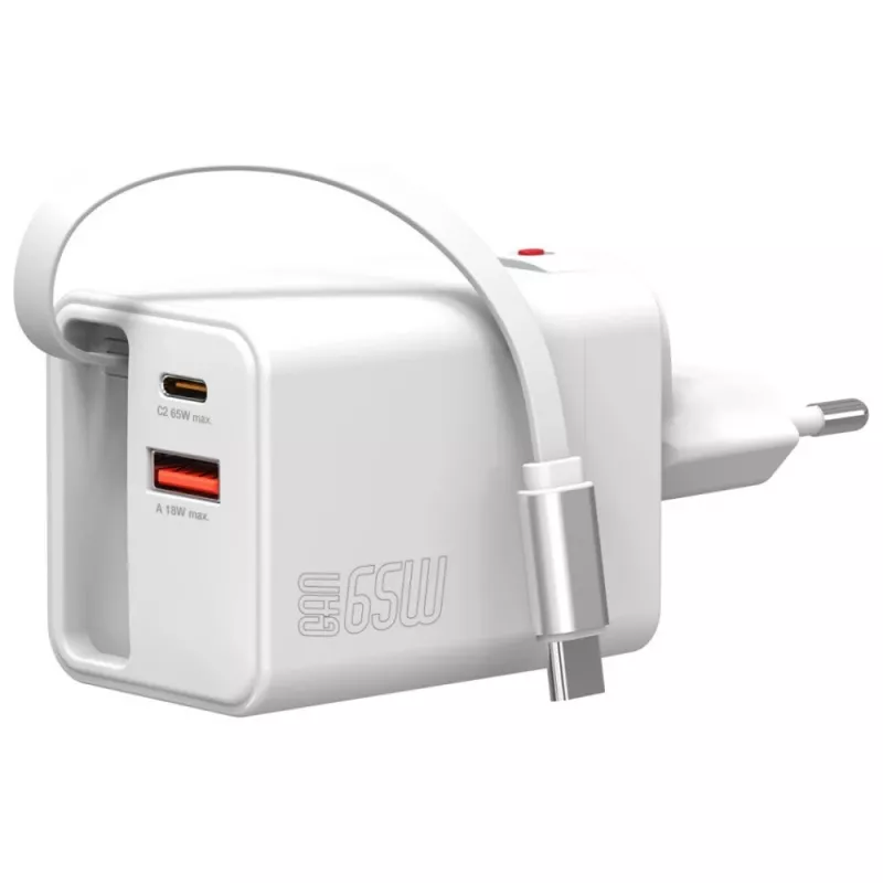 4smarts 541065 GaN Flex Jojo 65W Netzladegerät, 2x USB-C PD + USB-A QC 3.0, einziehbares USB-C-Kabel, 100-240V, Weiß