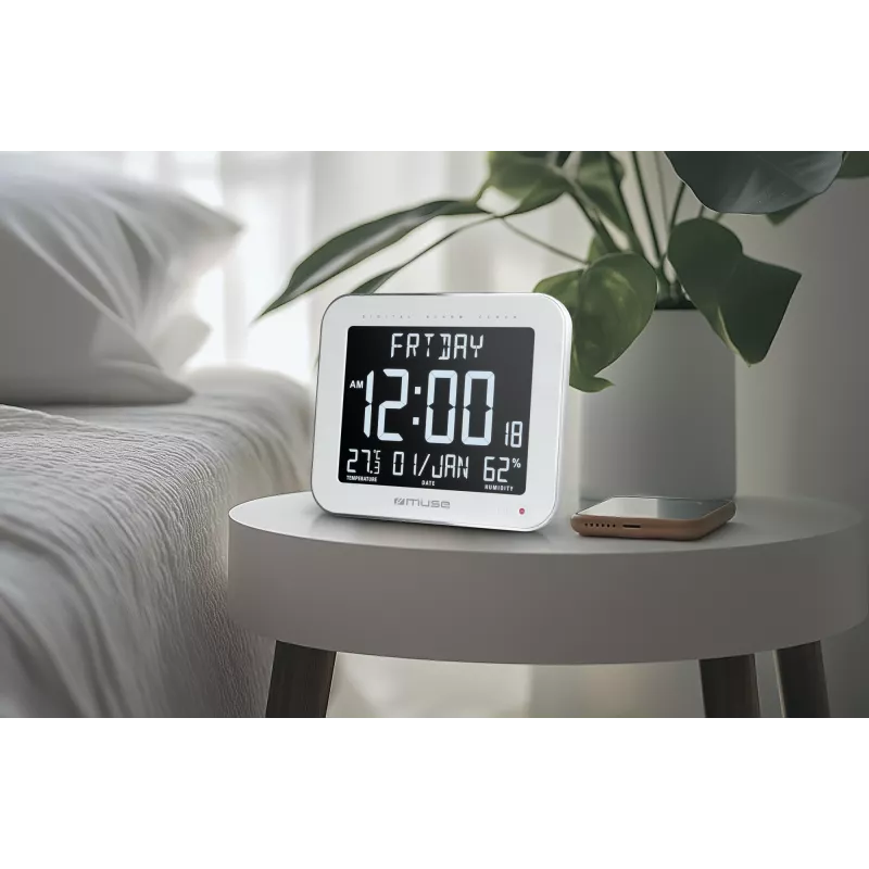 Muse M-090 WMC digitale Wand-/Tischuhr mit Wecker, großes LCD-Display mit automatischer Hintergrundbeleuchtung, Raumtemperatur und Luftfeuchtigkeit, Kalender, rechteckig, Weiß