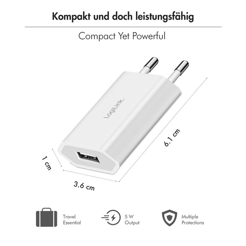 USB-A Buchse Adapter, 5W, 5V/1A, 1xUSB-A weiß