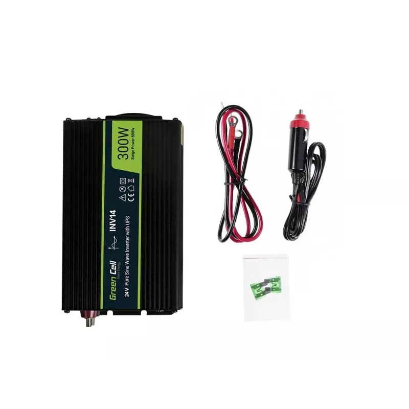 Wechselrichter Green Cell INV14 300W DC 24V auf 230V mit USB, Typ-E-Steckdose, aktiver Kühlung