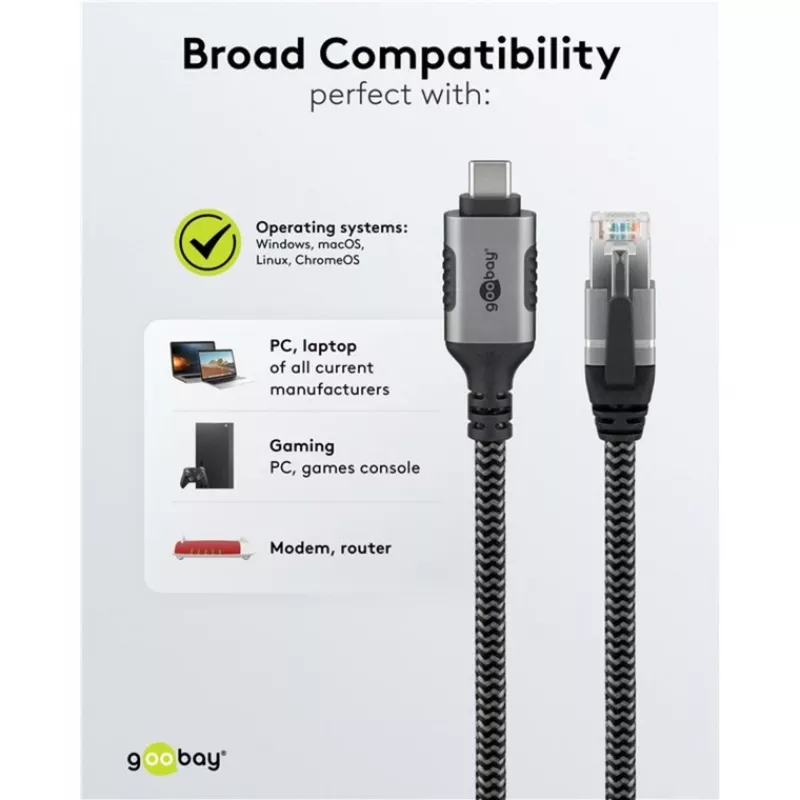 Goobay 70752 USB-C 3.1 auf RJ45 Ethernet-Kabel, Cat6 F/UTP, 5 m, schwarz/silber