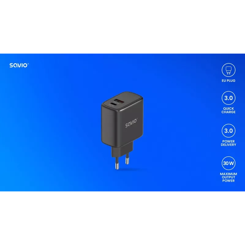 SAVIO LA-06/B 30-W-Wandladegerät, USB-A + USB-C, Quick Charge, Power Delivery 3.0, Schwarz