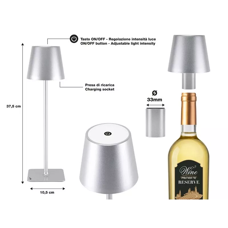 Beper P201UTP117 aufladbare LED-Tischlampe, 1,5 W, Touch-Schalter, dimmbar, 33-mm-Flaschenadapter, wasserbeständig, silber