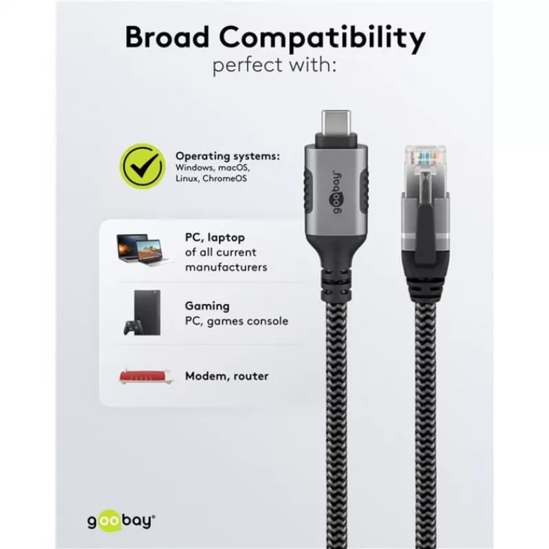 Goobay 70752 USB-C 3.1 auf RJ45 Ethernet-Kabel, Cat6 F/UTP, 5 m, schwarz/silber