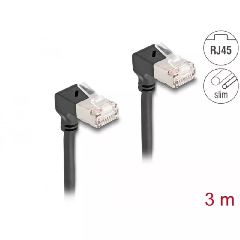 DeLOCK RJ45 Netzwerkkabel Cat.6A S/FTP schlank 90° abgewinkelt nach unten 3m Schwarz