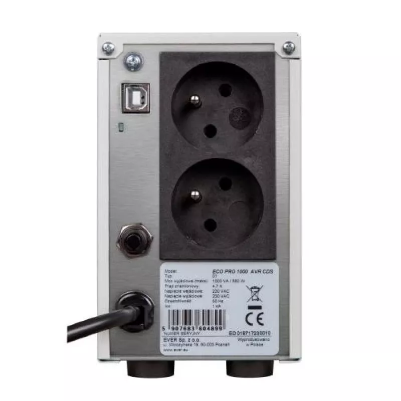 Ever ECO Pro 1200 AVR CDS Line-Interactive-USV, 1,2 kVA / 780 W, 2 Schuko-Steckdosen, Tower
