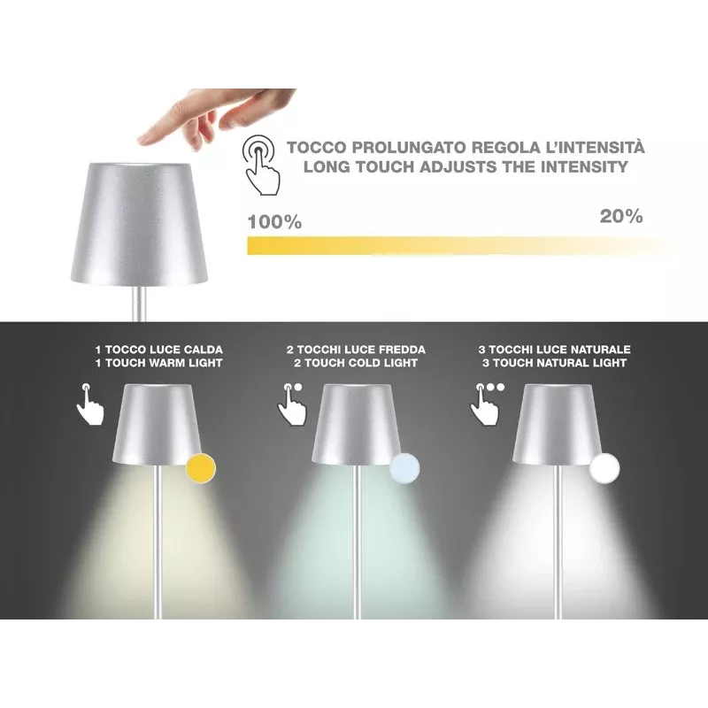 Beper P201UTP117 aufladbare LED-Tischlampe, 1,5 W, Touch-Schalter, dimmbar, 33-mm-Flaschenadapter, wasserbeständig, silber