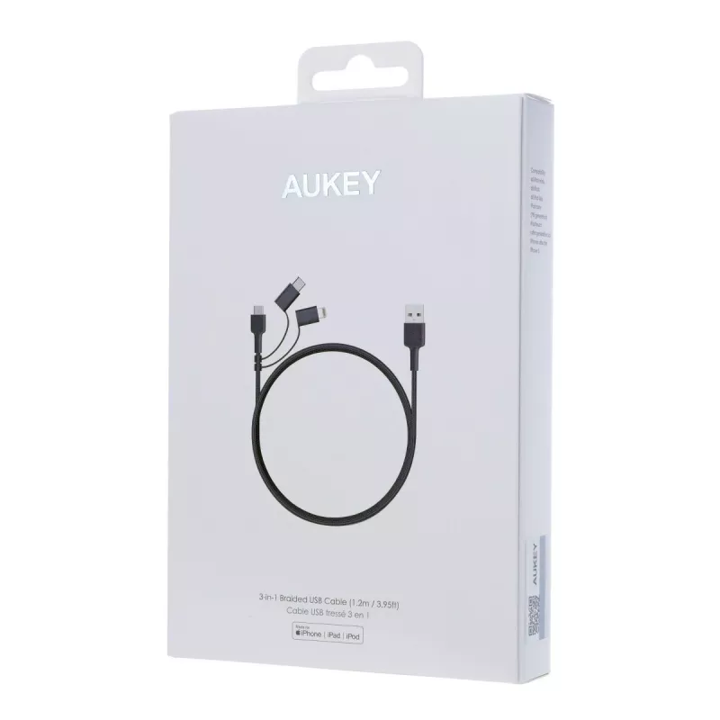AUKEY CB-BAL5 3-in-1 Geflochtenes Kabel, Micro-USB / USB-C / Lightning, 1,2 m, Schwarz