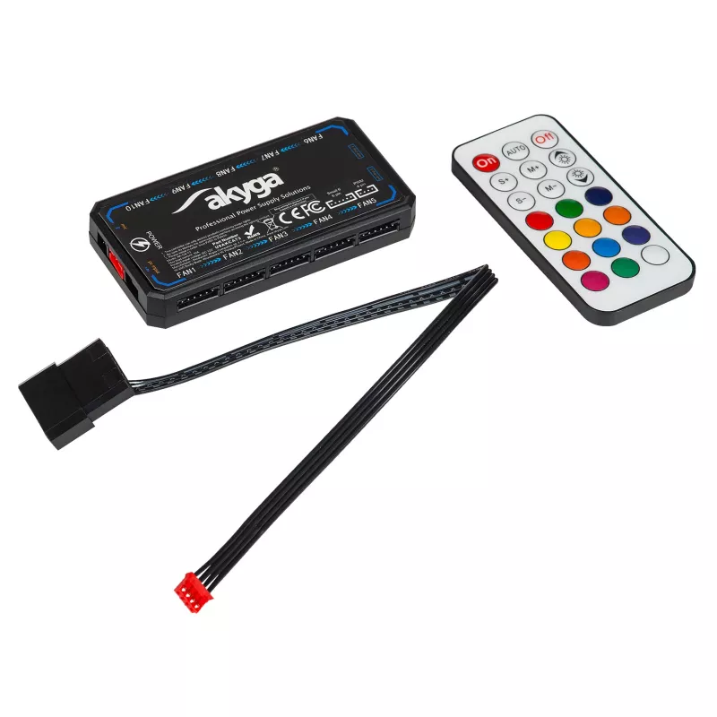 Akyga AK-CA-73 RGB-Lüftersteuerung mit Fernbedienung, 12 Anschlüsse (10 Lüfter + 2 LED-Streifen), Molex-Stromversorgung