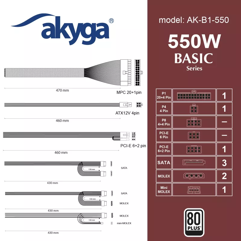 Akyga Basic AK-B1-550 ATX-Netzteil 550 W, 120-mm-Lüfter, passive PFC, Grau