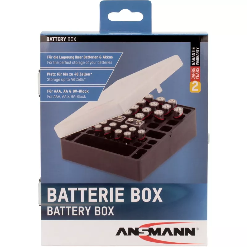 Ansmann Batteriebox 48 für 24x AA, 16x AAA und 4x 9V, Schwarz/Transparent