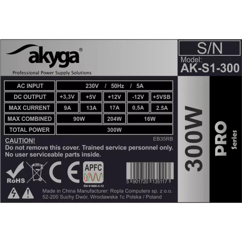 Akyga AK-S1-300 300 W SFX-Netzteil, passive PFC, 80-mm-Lüfter, schwarz