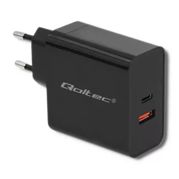 Qoltec 51716 Wandladegerät 63 W, USB-C PD + USB QC 3.0, 5-20 V 1,5-3 A, Schwarz