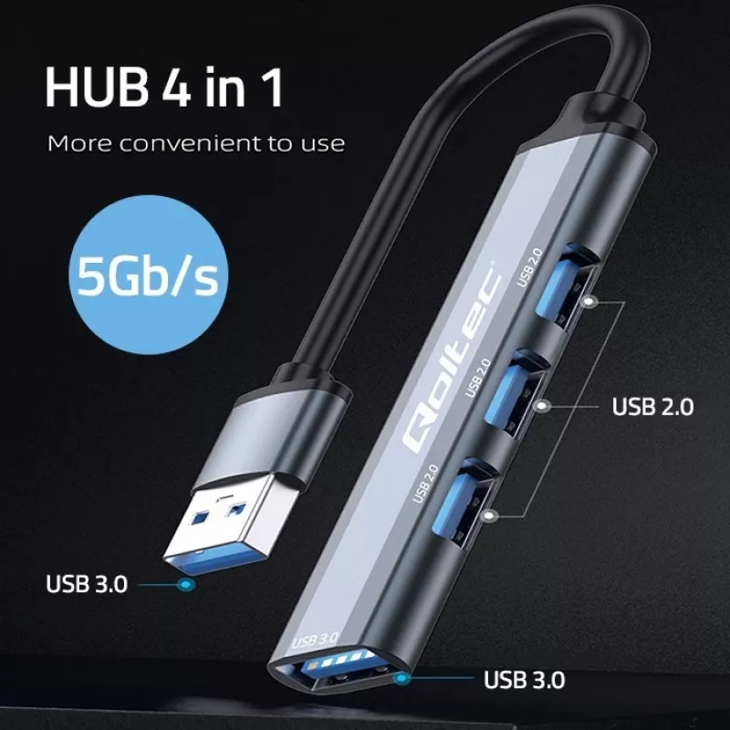 USB-Hub QOLTEC 53793 — USB 3.0 Eingang, 3× USB 2.0 Anschlüsse