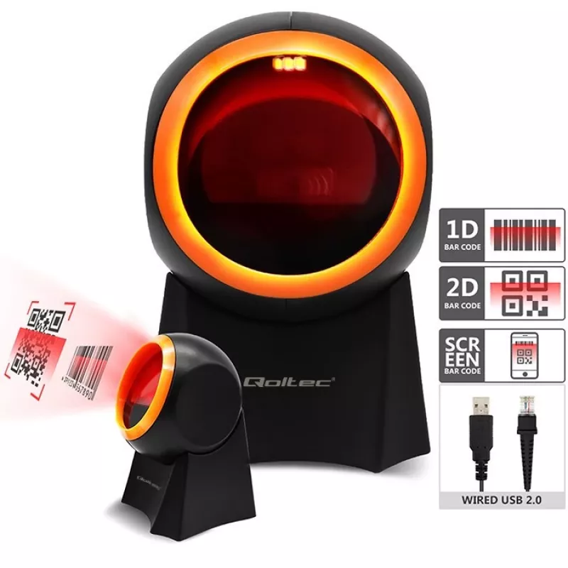 Qoltec 50857 kabelgebundener Tisch-Barcodescanner, 1D/2D, QR, USB, 1,75 m Kabel