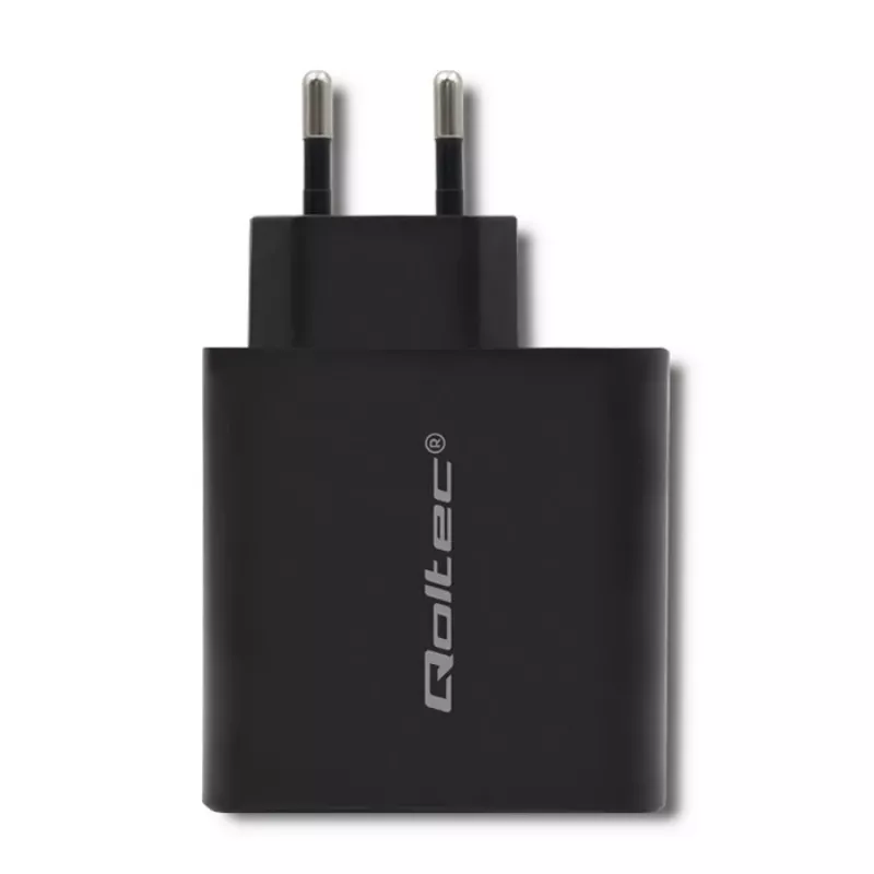 Qoltec 51716 Wandladegerät 63 W, USB-C PD + USB QC 3.0, 5-20 V 1,5-3 A, Schwarz