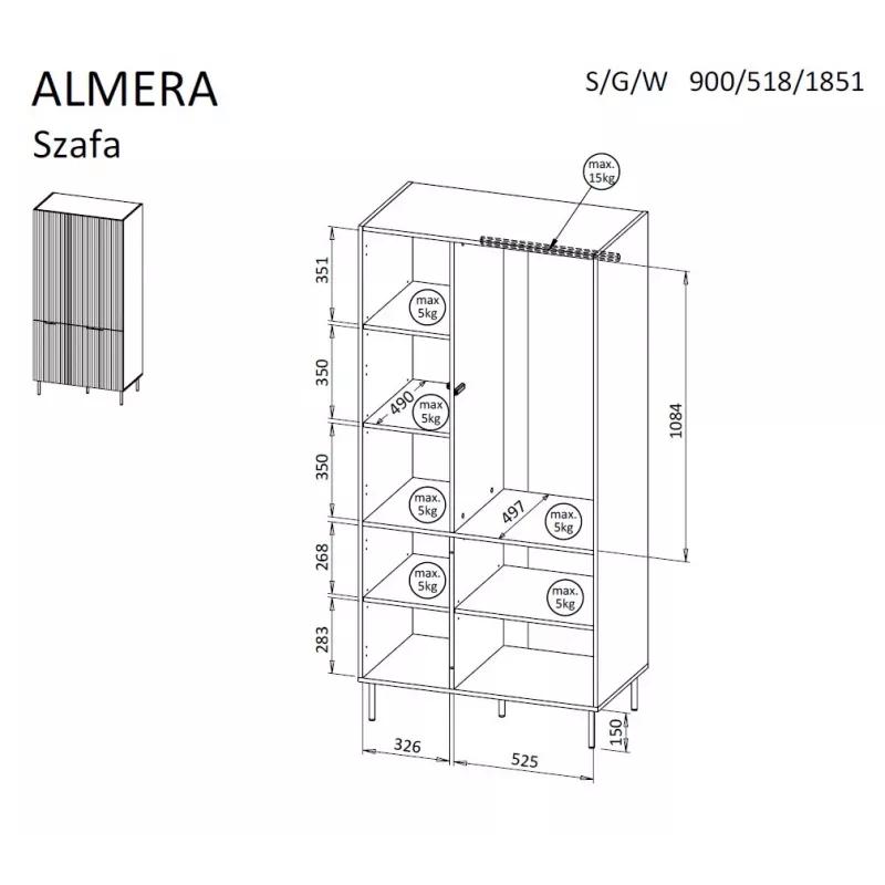 Kleiderschrank Cama Meble ALMERA Cama 5 90x52x185 cm, Walnuss-Rahmen, Kaschmir-Türen, 6 Einlegeböden
