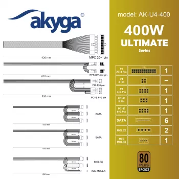 Akyga AK-U4-400 Ultimate 400 W ATX-Netzteil, 80 PLUS Bronze, aktive PFC, 120-mm-Lüfter