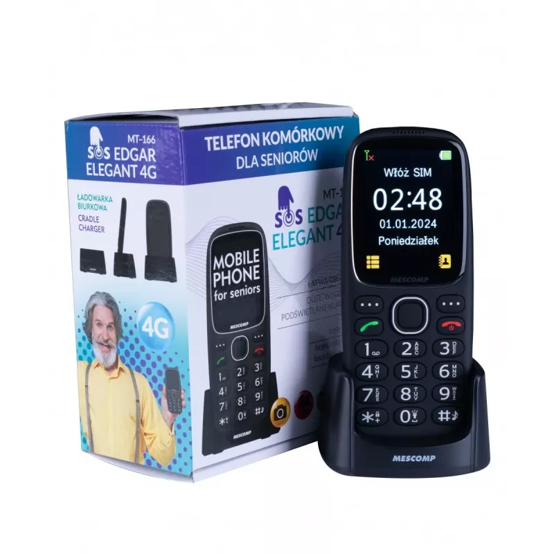 Mobiltelefon Mescomp MT-166 Edgar, Elegant, für Senioren, 4G, Schwarz