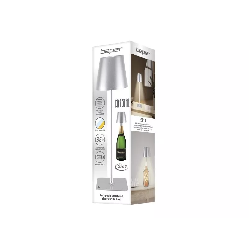 Beper P201UTP117 aufladbare LED-Tischlampe, 1,5 W, Touch-Schalter, dimmbar, 33-mm-Flaschenadapter, wasserbeständig, silber
