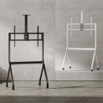 Boden-TV-Ständer MACLEAN MC-114 W für Displays 55 Zoll–100 Zoll, weiß, VESA bis zu 900x600, maximale Belastung 120 kg, Höhe 115–152 cm, Ablage