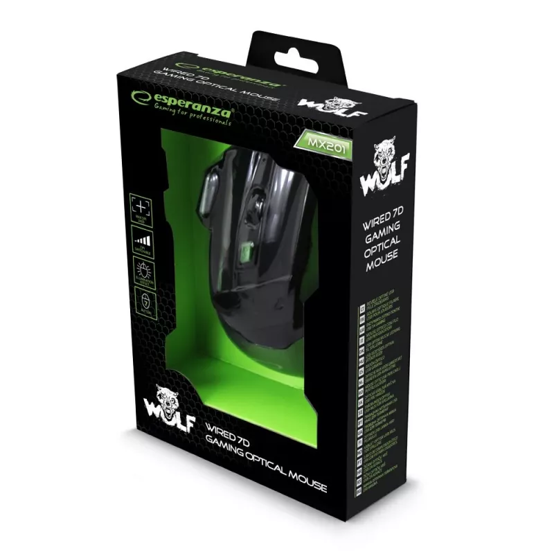 Esperanza EGM201G MX201 Wolf Gaming-Maus, kabelgebunden, 7D, optisch, 2400 DPI, USB, grün