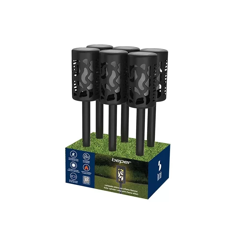 Beper P207ILO101 Solar-Gartenleuchte mit Erdspieß, 12 LED Flammeneffekt, IP44, Schwarz