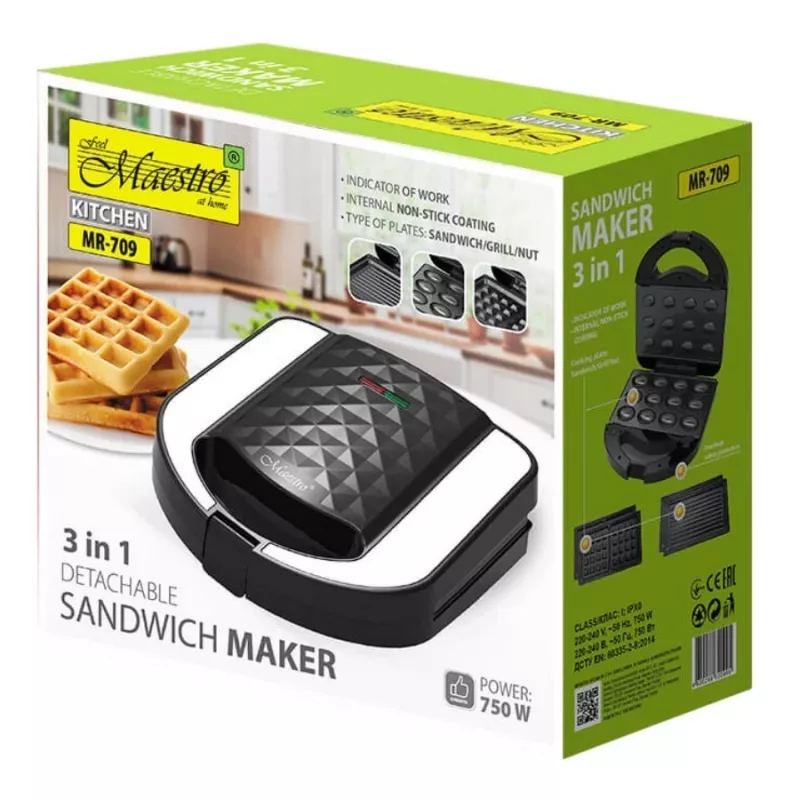 Toaster Sandwich Maker Maestro MR-709 3in1 750W – Sandwichpresse, Grill- & Waffelplatten, weiß