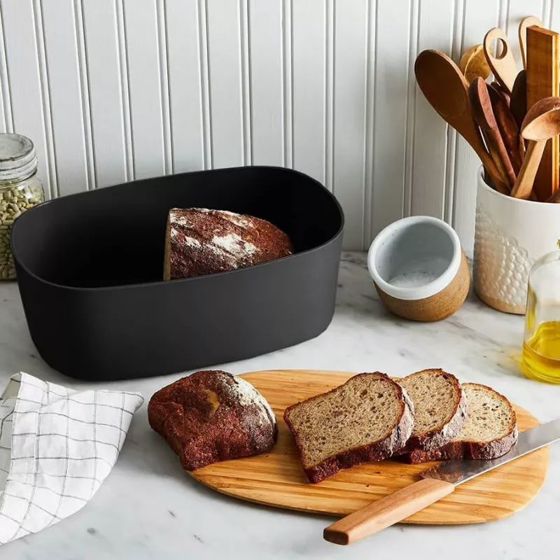 Brotkasten Maestro MR-1776-Schwarz für die Arbeitsplatte, Kunststoffgehäuse mit Holzdeckel, 345×235×130 mm
