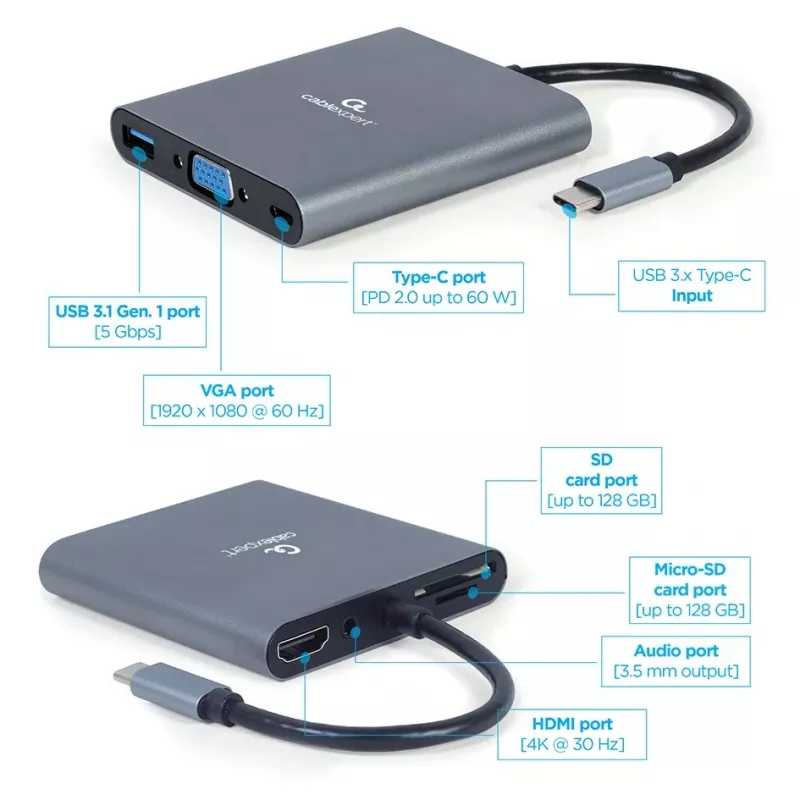 Gembird A-CM-COMBO6-01 USB-C 6-in-1 Multiport-Adapter, USB 3.1 Gen 1, HDMI 4K, VGA, PD 60 W, SD/microSD-Kartenleser, 3,5-mm-Audio, grau