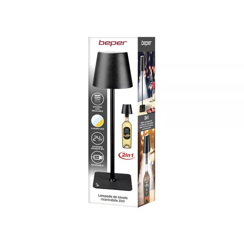 Beper P201UTP118 wiederaufladbare LED-Tischlampe, 1,5 W, Touch-Schalter, dimmbar, 33-mm-Flaschenadapter, wasserbeständig, schwarz