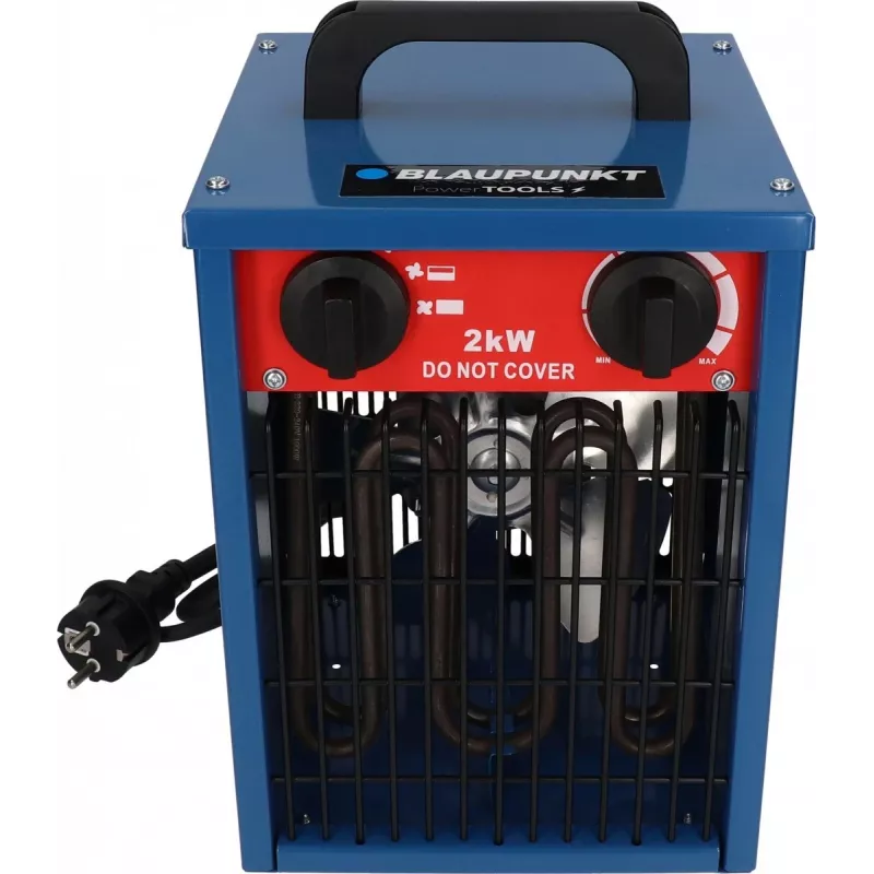 Ventilator-Elektroheizer BLAUPUNKT EH7010 – 2000 W, Edelstahl-Element, IPX4, Bodenaufstellung, für bis zu 22 m², schwarz/blau/rot