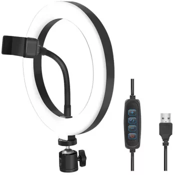 LogiLink AA0151 LED-Ringlicht für Smartphones, Ø 200 mm, 3 Farbmodi, dimmbar, 1/4-Zoll-Stativgewinde, mit Smartphone-Halterung, USB, 1,8 m Kabel, schwarz