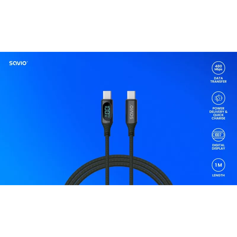 Savio CL-174 USB-C-auf-USB-C-Kabel, 100 W, Power Delivery/Quick Charge, digitale Anzeige, 1 m, grün