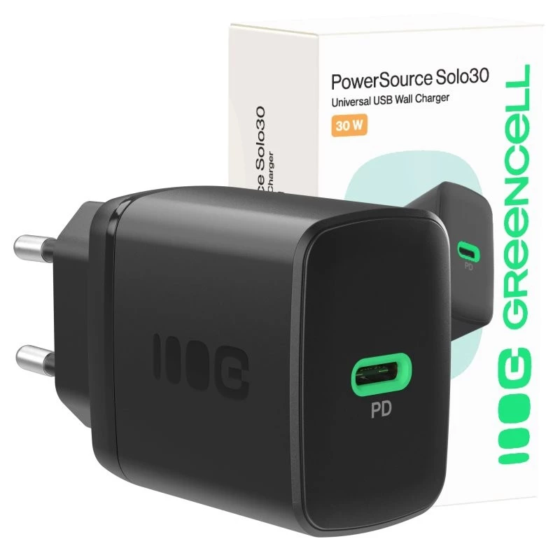Netzteil Green Cell PowerSource Solo30 30W Schwarz — USB-C Einzelport-Ladegerät