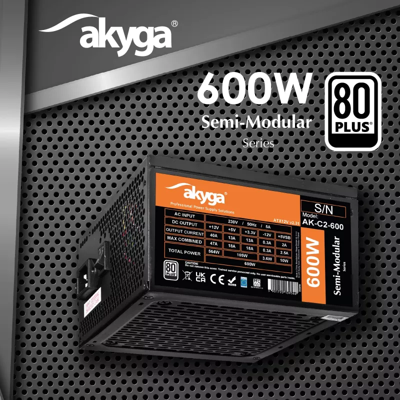 Akyga AK-C2-600 Classic 600 W ATX-Netzteil, teilmodular, aktive PFC, 120-mm-Lüfter