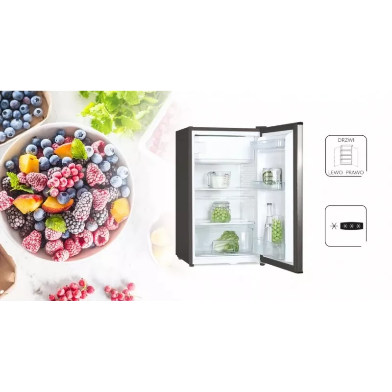 Freistehender Kühlschrank MPM 112-CJ-16/AA — 82 L Gesamt, 69 L Kühlteil, 11 L Gefrierteil, grau, 480×500×840 mm, wechselbarer Türanschlag, Klasse E