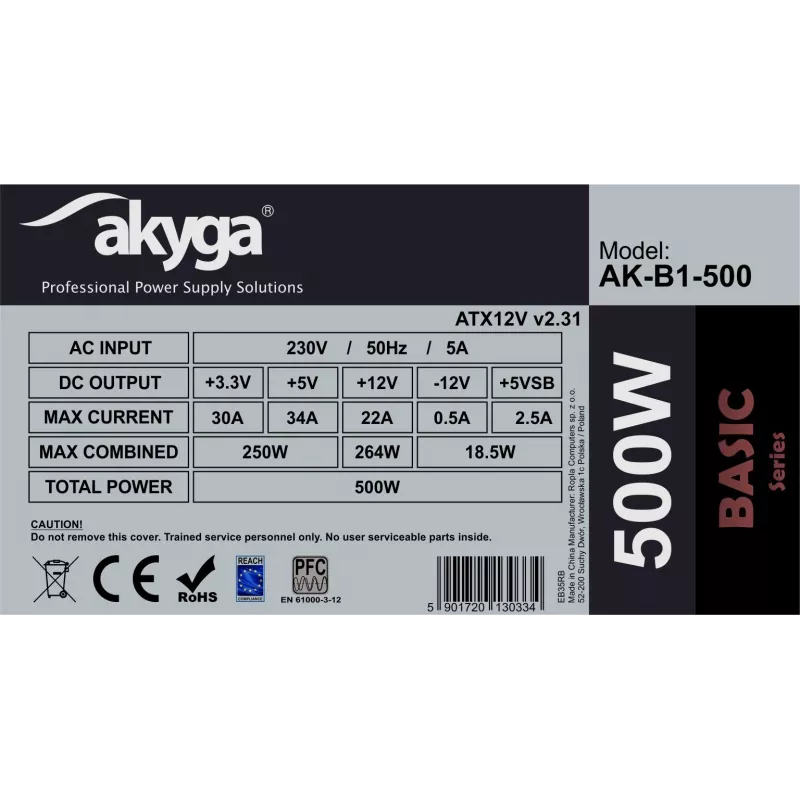 Akyga Basic AK-B1-500 ATX-Netzteil 500 W, 120-mm-Lüfter, passive PFC, Grau