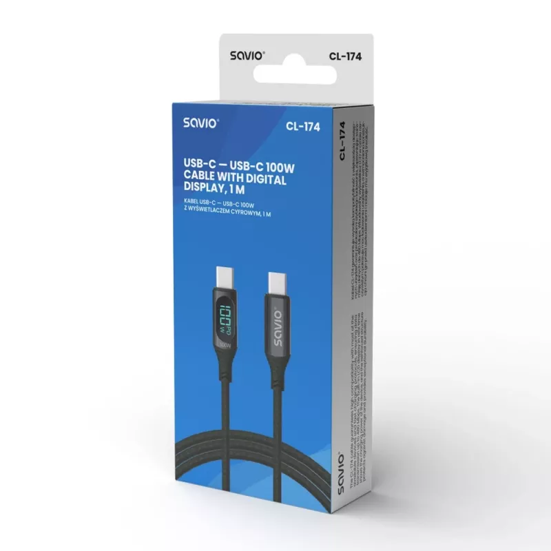 Savio CL-174 USB-C-auf-USB-C-Kabel, 100 W, Power Delivery/Quick Charge, digitale Anzeige, 1 m, grün