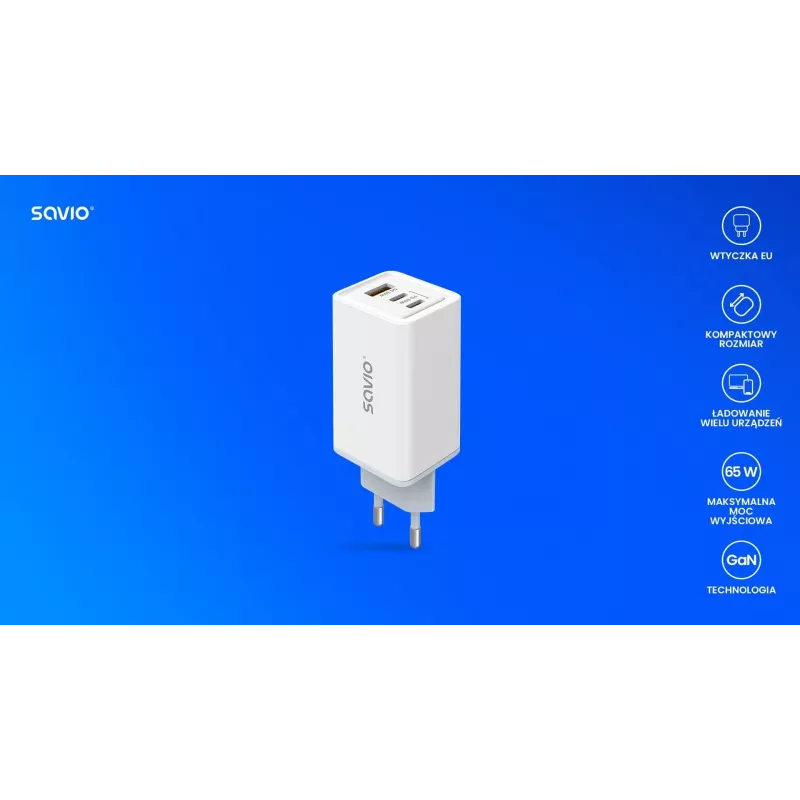 SAVIO LA-07 GaN 65W Netzteil, USB, QC4.0+, PD 3.0, Weiß