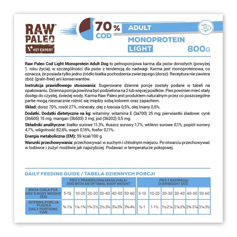 VetExpert Raw Paleo Cod Light Monoprotein Kabeljau Nassfutter für Hunde 800 g