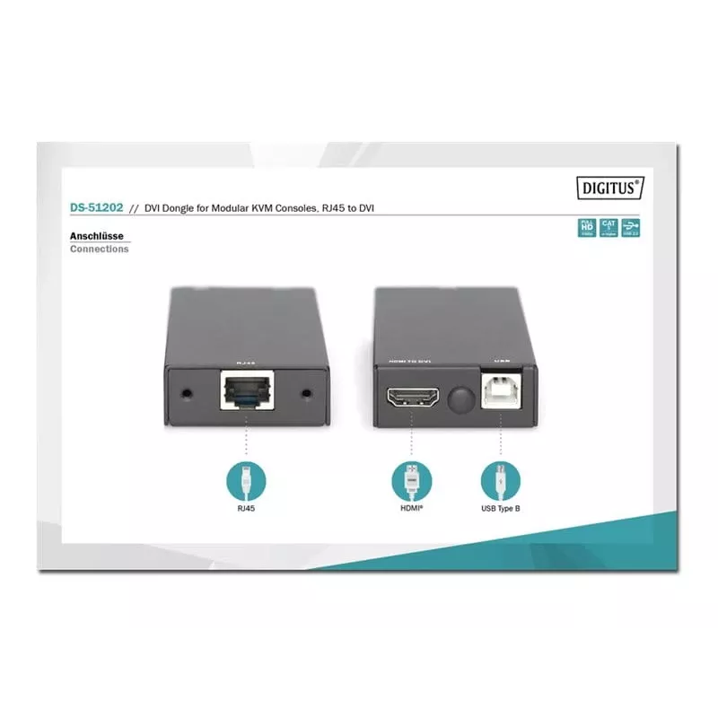 Digitus DS-51202 DVI-Dongle für modulare KVM-Konsolen, RJ45 auf DVI, USB, bis zu 60 m, Full HD
