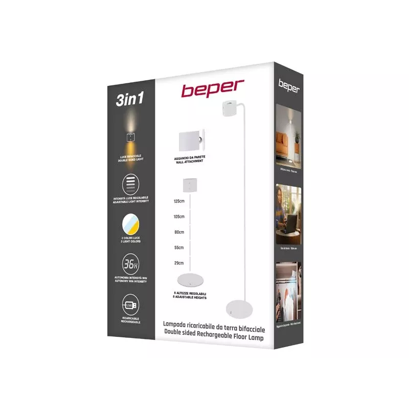 Beper P201UTP305 aufladbare höhenverstellbare LED-Lampe, stehend und wandmontierbar, 2,3 W, dimmbar, weiß
