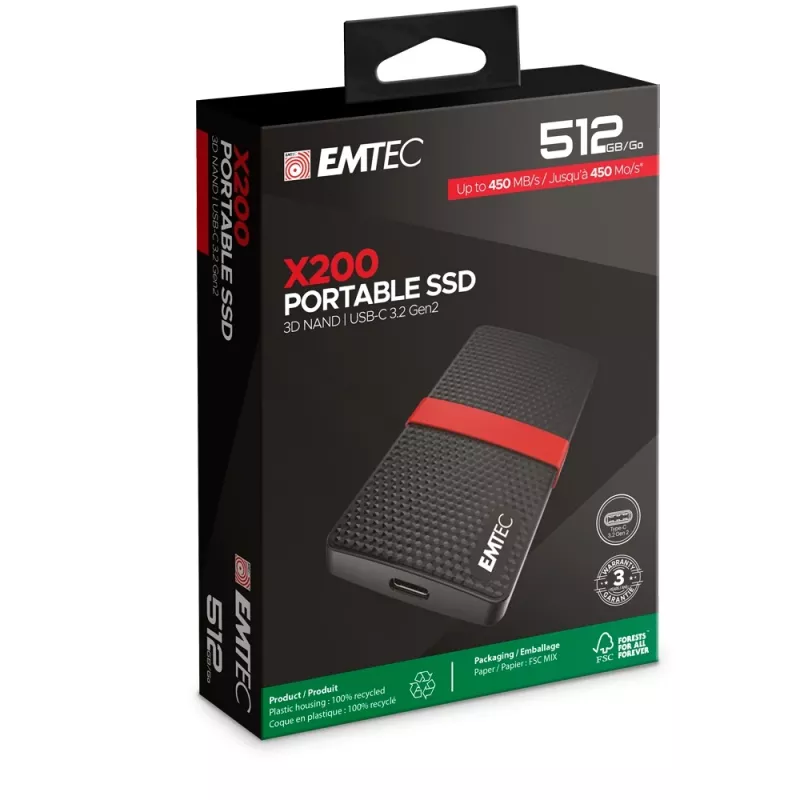 SSD Emtec 512GB USB Type-C 3.2 Gen 1 Schwarz Rot X200
