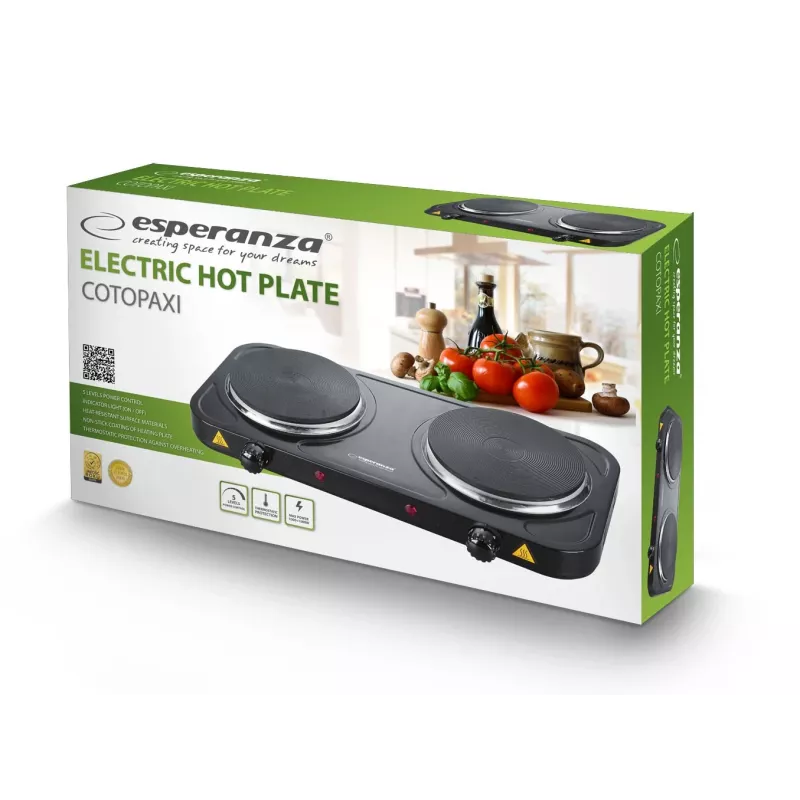 Esperanza Cotopaxi EKH010K Elektrokochplatte, 2 Kochzonen (15,5 cm), 2000 W, Schwarz