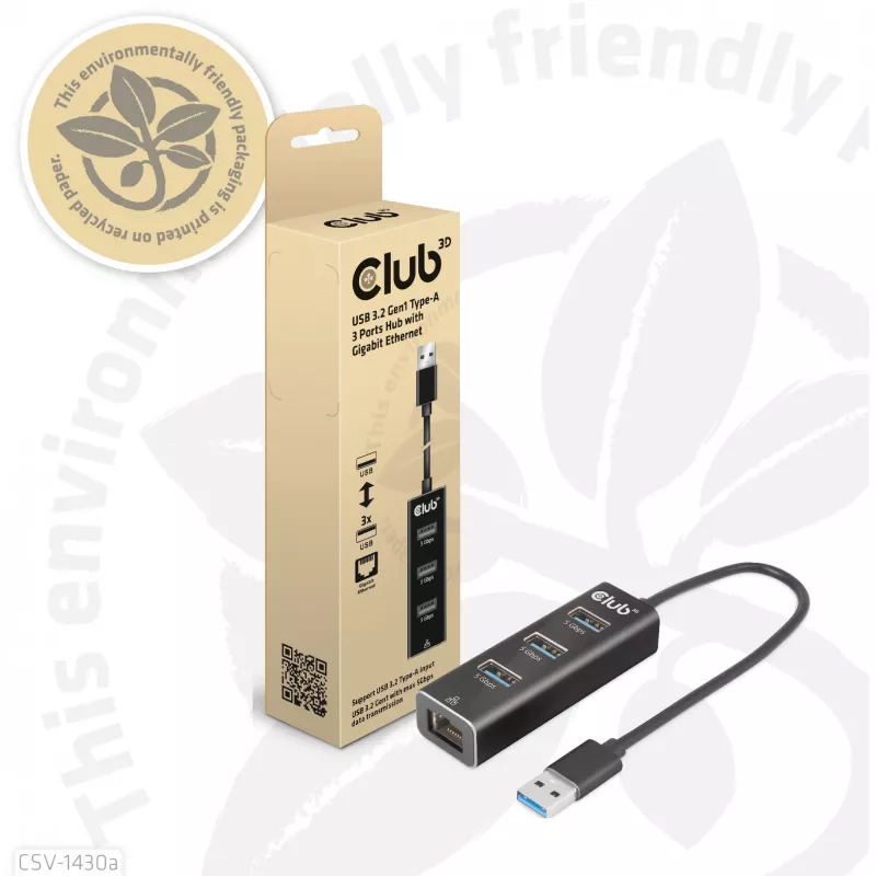 USB-Hub CLUB3D USB 3.2 Gen1 Type-A mit 3 Anschlüssen und Gigabit-Ethernet